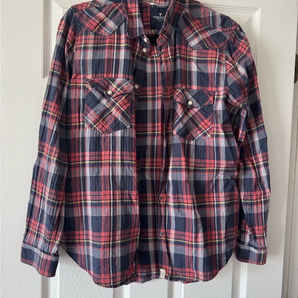 American Eagle Outfitters Red and Blue Casual Button Down Shirt